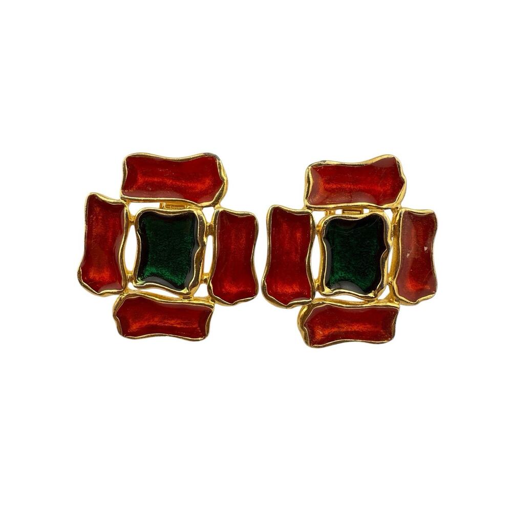 Vintage 1991 AVON Color Splash GoldTone Red & Green Clip On Statement Earrings